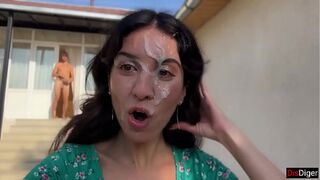 Triple Cum on Face for Village Whore - Public Cumwalk
