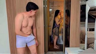My stepmother catches me masturbating for her